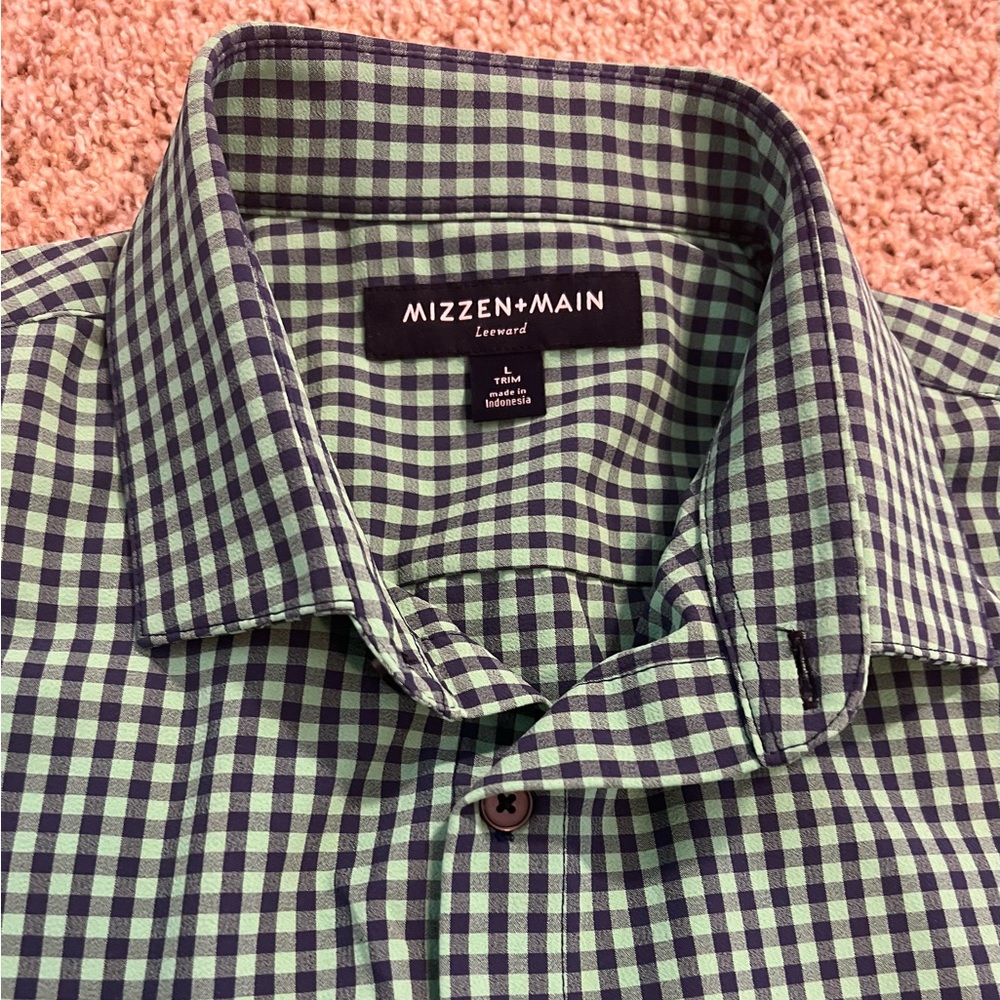 Mizzen & Main Leeward Dress Shirt Men Large Trim Green & Navy -Great Condition